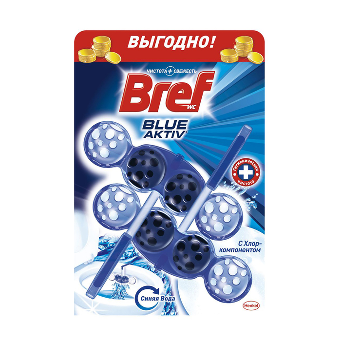 Средство для унитаза Bref, Blue Aktiv с хлором, 2x50 г