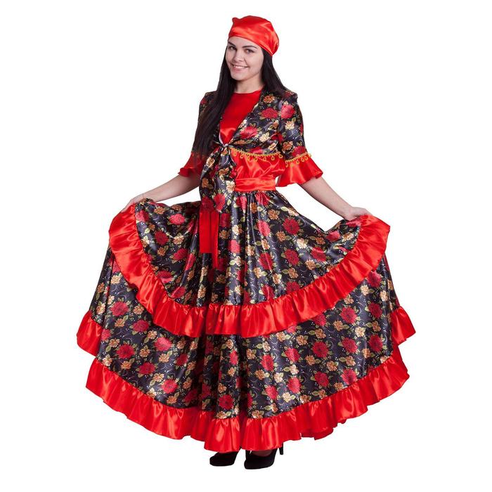 Карнавальный костюм "Цыганка", блузка, юбка, пояс, платок, парик, цвет красный, р-р 48-50, рост 164-170 см - фото 8299869