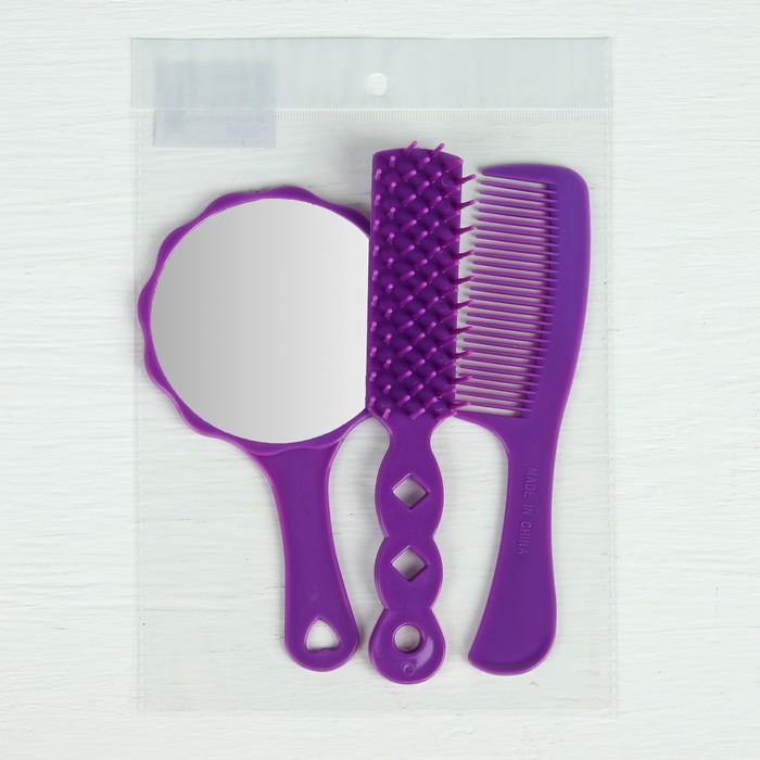 Набор 3 предмета: расчёска с ручкой, расчёска массажная, зеркало, 15,5см, цвет МИКС