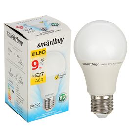 Лампа cветодиодная Smartbuy, E27, A60, 9 Вт, 3000 К, теплый белый свет