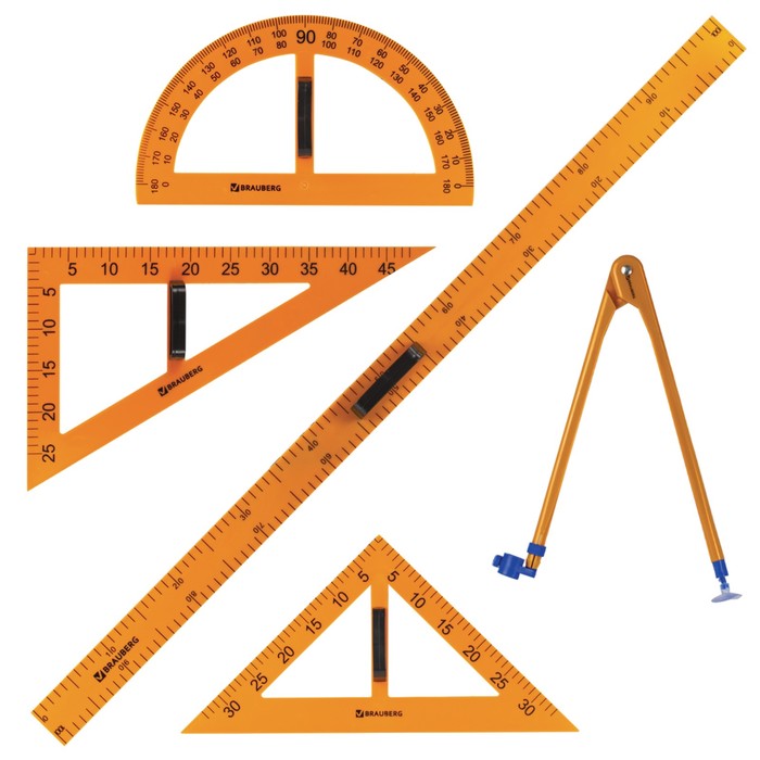 Набор чертежный для классной доски: 2 треугольника, транспортир, циркуль, линейка 100см