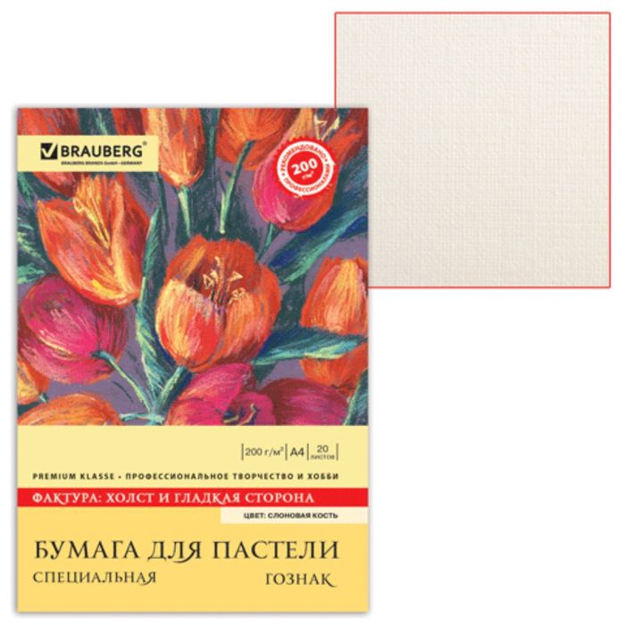 Папка для пастели А4 210х297мм, 20 листов, тонированная бумага слоновая кость, ГОЗНАК &quot;Холст&quot;, 200г/м
