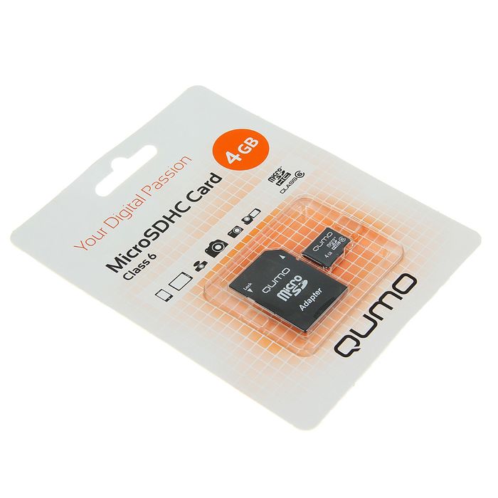Карта памяти MicroSDHC Qumo, 4 GB, Сlass 6, с адаптером SD
