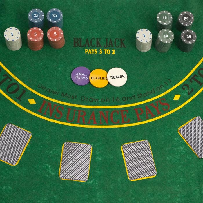 Набор для покера Texas Hold'em: 2 колоды 54 шт., 200 фишек с номиналом, сукно, металлическая коробка