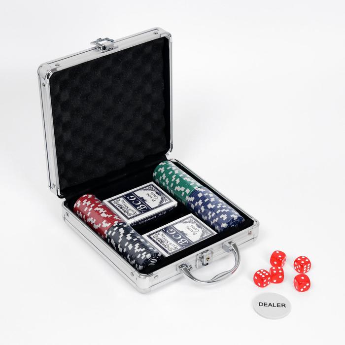 Покер в металлическом кейсе (карты 2 колоды, фишки 100 шт с  номиналом, 5 кубиков), 20х20 см - фото 37824