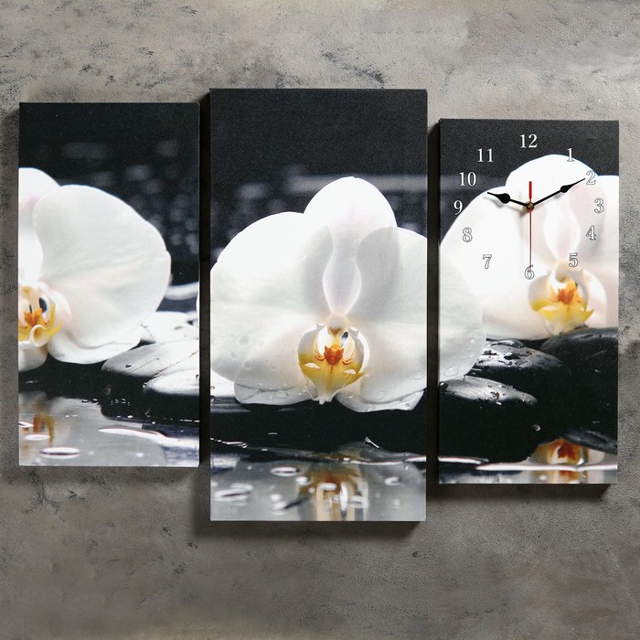 Часы настенные модульные «Белые орхидеи на камнях», 60 × 80 см