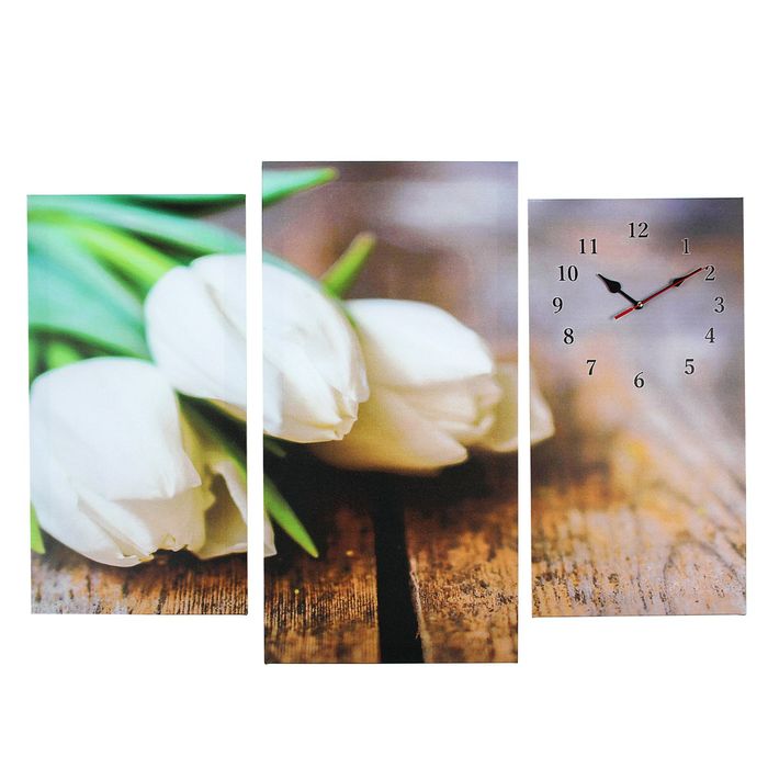 Часы настенные модульные «Белые тюльпаны», 60 × 80 см