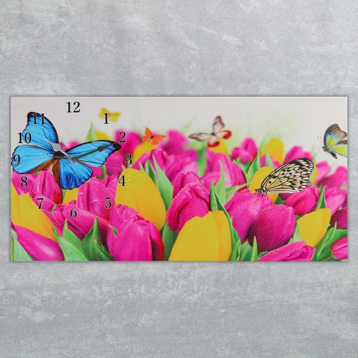 Часы настенные, на холсте, серия: Цветы, "Бабочки и тюльпаны", 40х76  см, микс