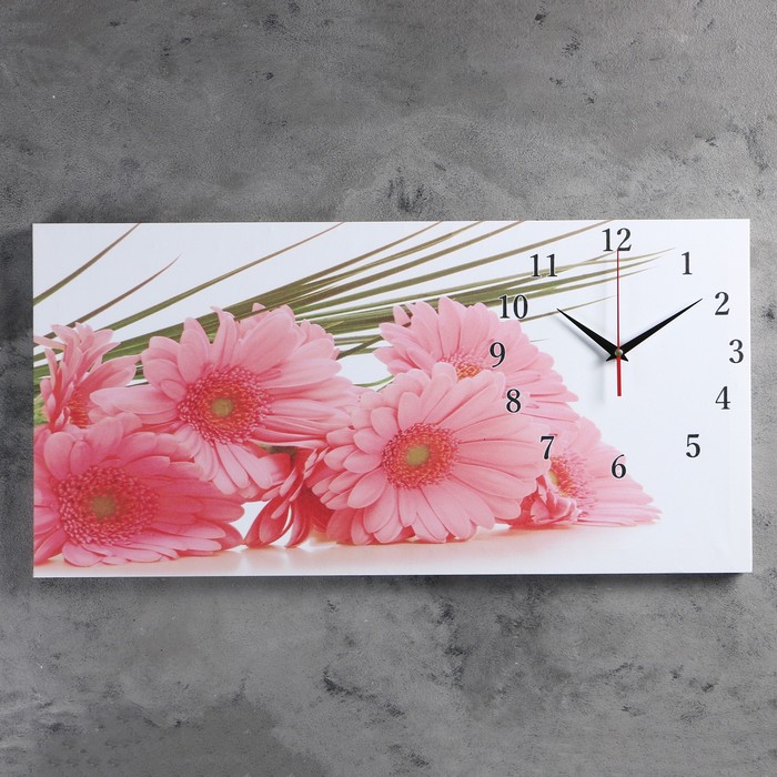 Часы настенные, на холсте, серия: Цветы, "Розовые герберы", 40х76  см, микс