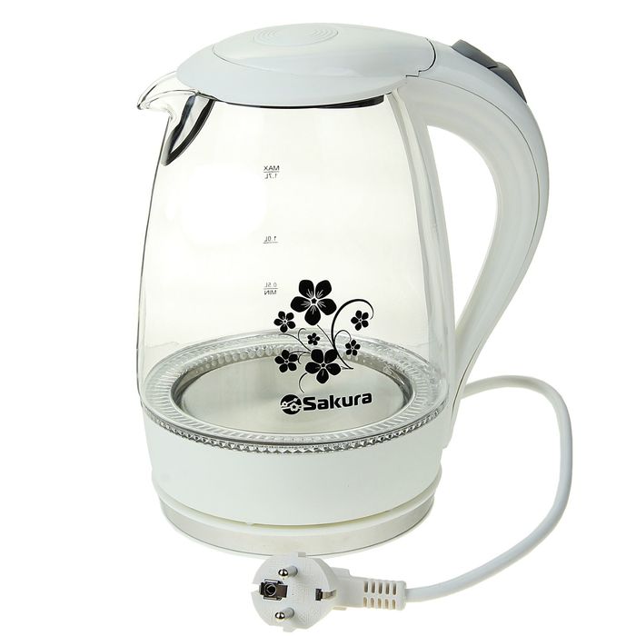 Чайник электрический Sakura SA-2710W, стекло, 1.7 л, 1850-2200 Вт, подсветка, белый