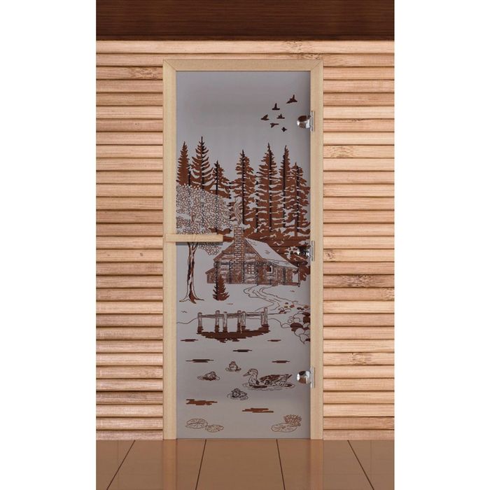 Дверь для бани и сауны &quot;Банька в лесу&quot;, сатин, 8мм, УФ-печать, 190х70см