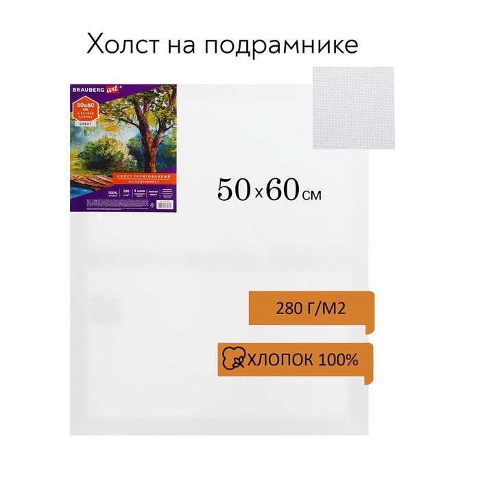 Холст на подрамнике хлопок 100% акриловый грунт 2*50*60 см мелкозернистый, 280г/м² Brauberg ЭКОНОМ 191025