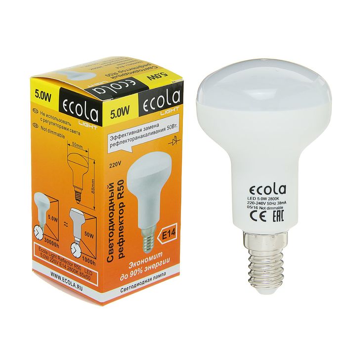 Лампа светодиодная Ecola Light, R50, 5,0 Вт, 220 В, E14, 2800 K, 85x50