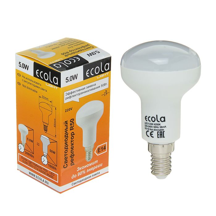 Лампа светодиодная Ecola Light, R50, 5,0 Вт, 220 В, E14, 4200 K, 85x50