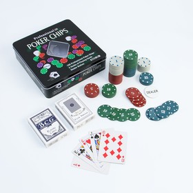 Покер, набор для игры (карты 2 колоды, фишки 100 шт.), с номиналом, 20 х 20 см в Донецке