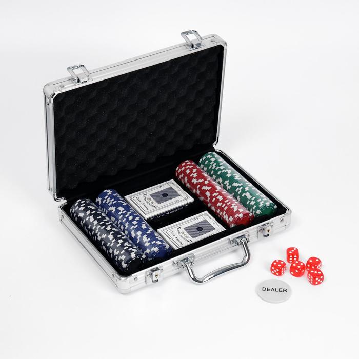 Набор для покера Poker playing cards: 2 колоды 54 шт., 200 фишек 11 г, 5 кубиков, в металлическом кейсе