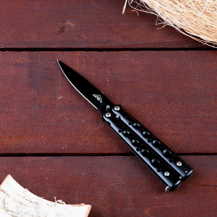 Нож-бабочка "Мастер К", лезвие 6,5 см, рукоять 4 отверстия, черный 16см