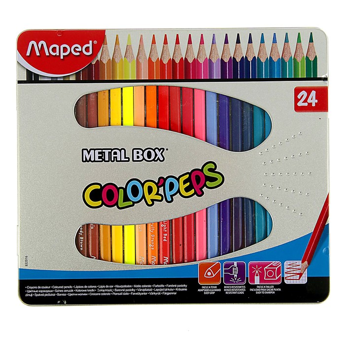 Карандаши трехгранные 24 цвета Color Pep's, ударопрочный грифель, металлическая коробка