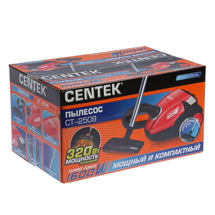 Пылесос Centek CT-2509, 1600 Вт, мощность всасывания 320 Вт, 1.2 л, черно-красный 2227520 - фото 40536