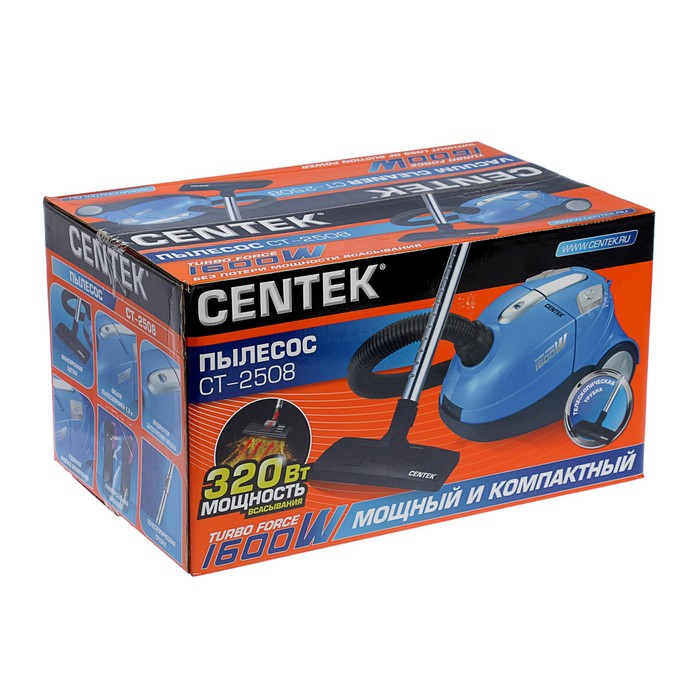 Пылесос Centek CT-2508, 1600 Вт, мощность всасывания 320 Вт, 1.2 л, синий 2227519 - фото 42966