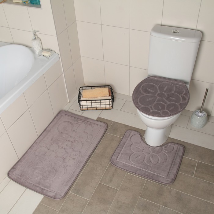 Набор ковриков для ванной и туалета Доляна, 3 шт: 36×43, 40×50, 50×80 см, цвет серый - фото 605958