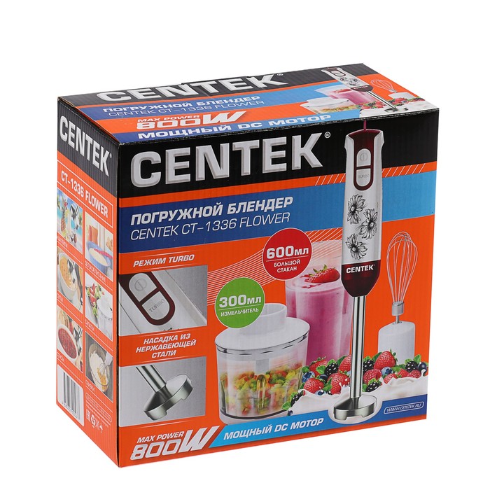 Блендер Centek CT-1336, погружной, 800 Вт, 0.3/0.6 л, 2 скорости, бело-красный 2267561 - фото 47018