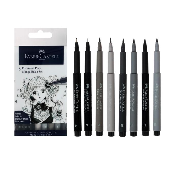 Набор ручек капиллярных 8 штук (кисть 6 цветов; линеры S, M) Faber-Castell PITT® Artist Pen Manga, цвет серый/черный - фото 79047902