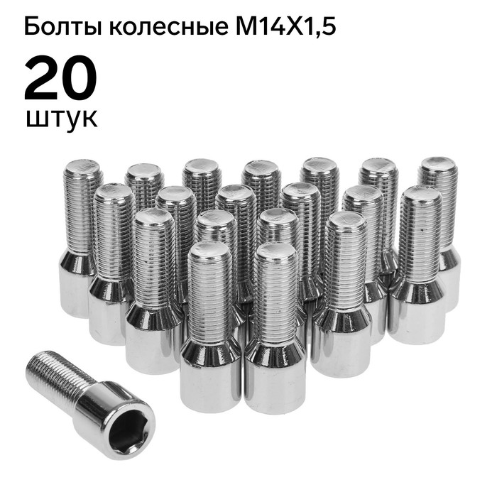 Болты 14x1,5 мм, длина 52/31 мм, под шестигранник, хром, набор 20 шт.