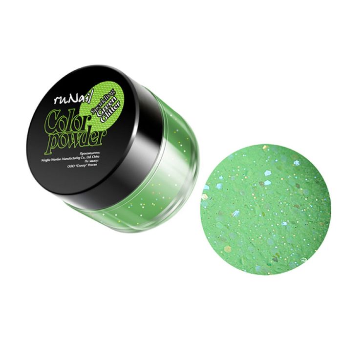 Цветная акриловая пудра RuNail,с блестками, цвет светло-зеленый, Sparkling Green Glitter, 7,5 г   22