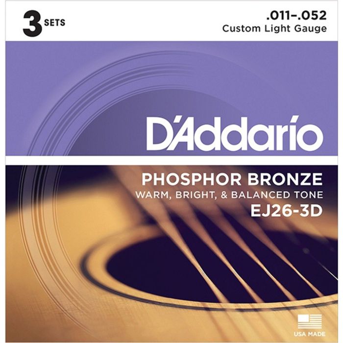 Струны для акустической гитары D`Addario EJ26-3D Phosphor Bronze Custom Light, 11-52, 3 комплекта