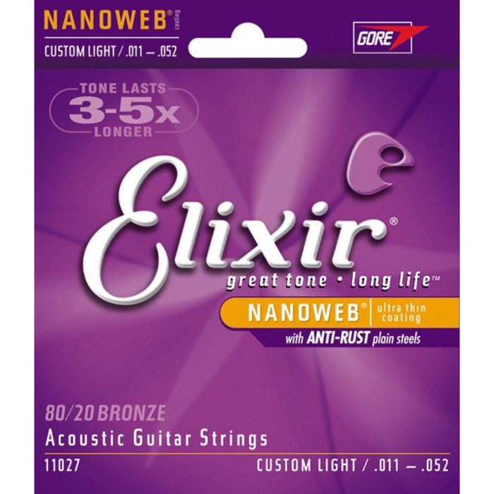 Струны для акустической гитары Elixir 11027 NANOWEB, Custom Light, бронза 80/20, 11-52