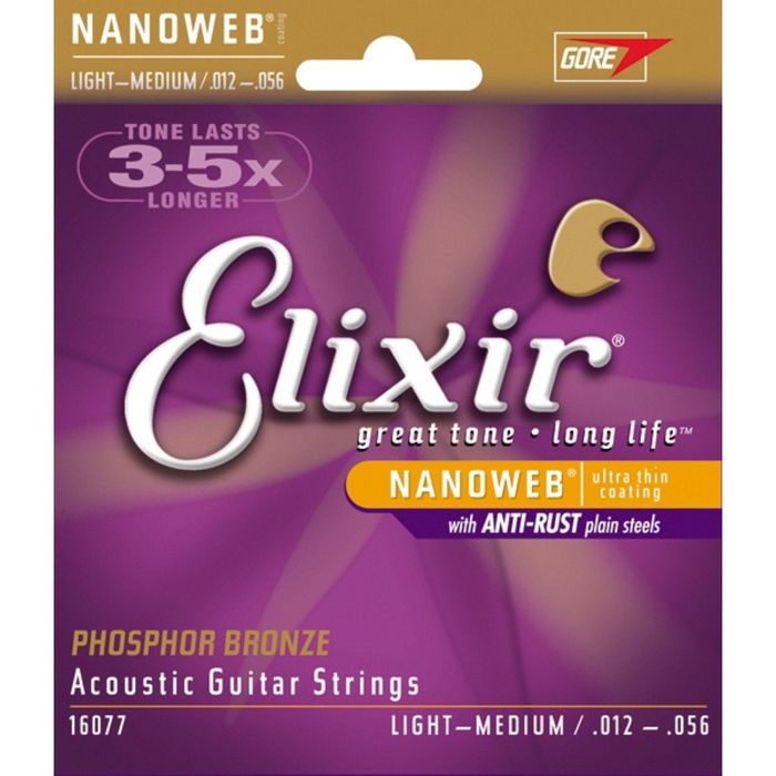 Струны для акустической гитары Elixir 16077 NANOWEB Light-Medium, фосфорная бронза, 12-56