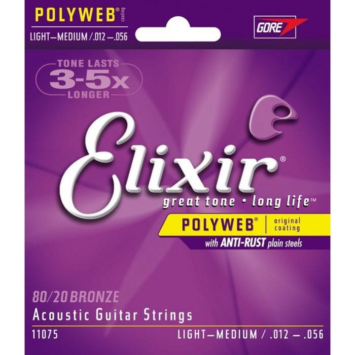 Струны для акустической гитары Elixir 11075 POLYWEB, Light-Medium, бронза 80/20, 12-56