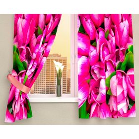 Фотошторы кухонные «Розовые тюльпаны», размер 145 х 160 см - 2 шт., габардин