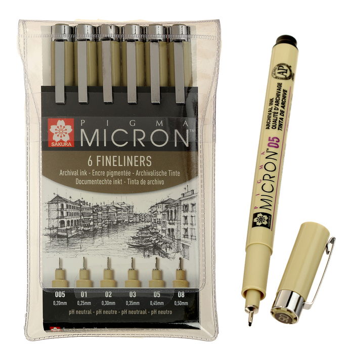 Ручка капиллярная набор Sakura Pigma Micron 6 штук (0.2, 0.25, 0.3, 0.35, 0.45, 0.5)