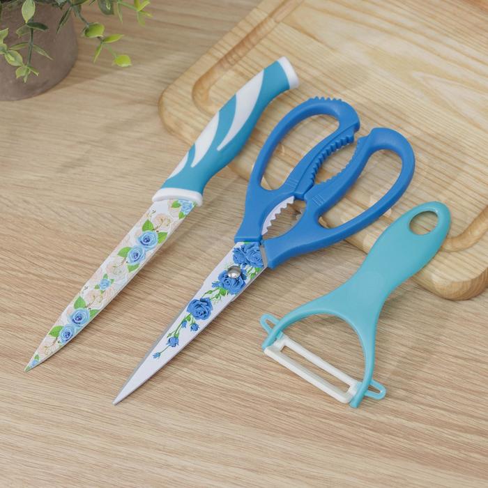 Набор кухонный «Цветение», 3 предмета: нож 12,5 см, ножницы, овощечистка, цвет голубой - фото 241669