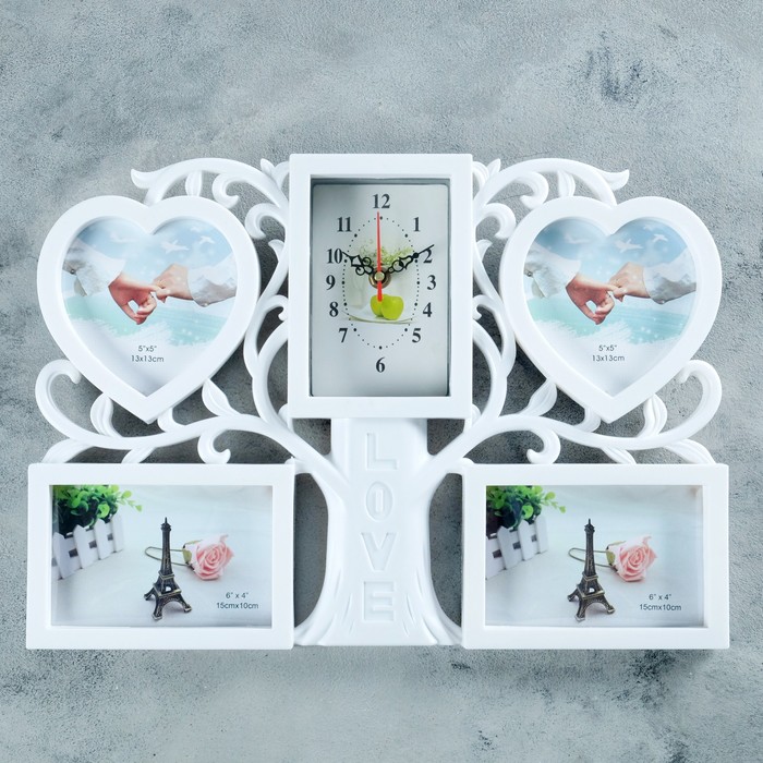 Часы настенные хайтек+4 фоторамки Дерево, сердца белые, цифер микс .