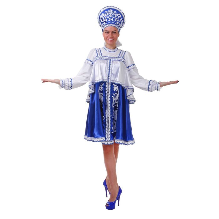 Русский женский костюм, платье с отлетной кокеткой, кокошник, цвет синий, р-р 44, рост 172 см
