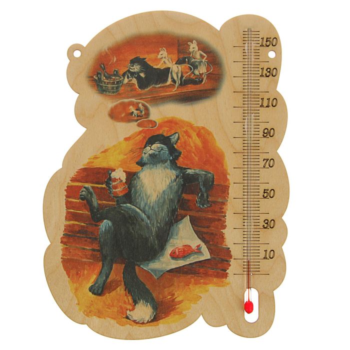 Деревянный термометр банный &quot;Котик&quot; с УФ печатью,