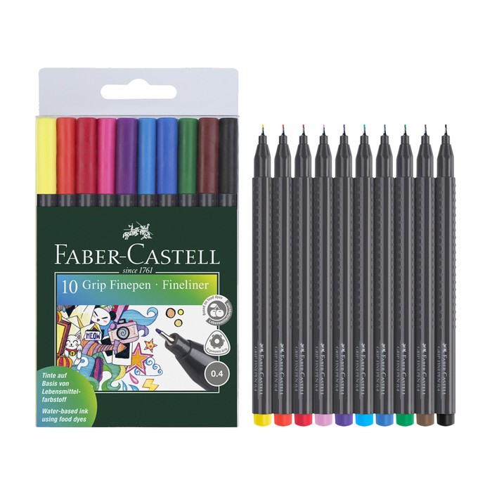 Набор ручек капиллярных 10 цветов Faber-Castell GRIP 0.4 мм в пластиковом футляре 151610