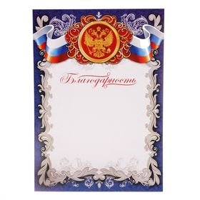 Благодарность "Российская символика", РФ, синяя, 21х29,7 см