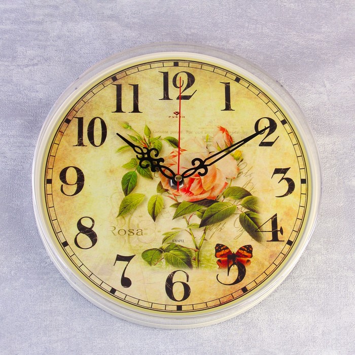 Часы настенные круглые "Роза и бабочки", 25 см микс