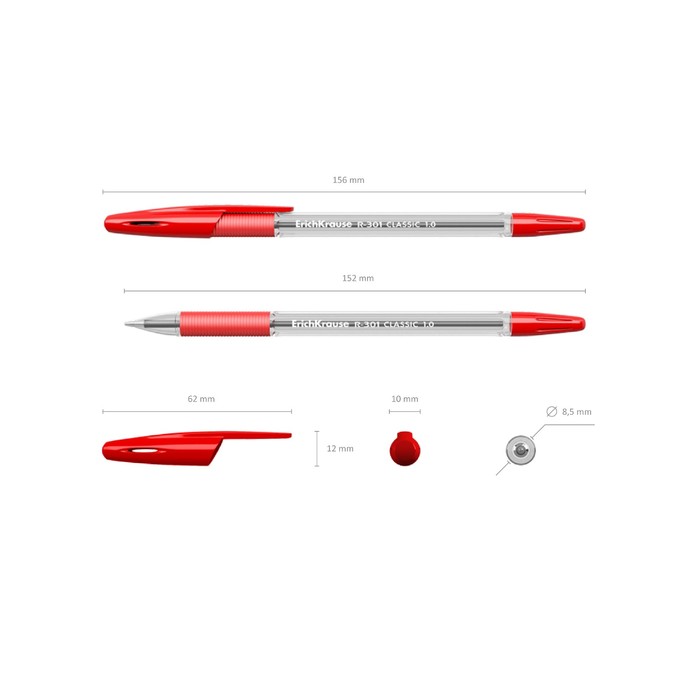 Ручка шариковая Erich Krause R-301 Classic Stick & Grip, узел 1.0 мм, чернила красные, резиновый упор, длина линии письма 800 метров (50 шт) - фото 801017859