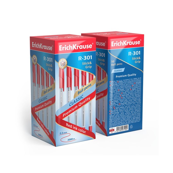Ручка шариковая Erich Krause R-301 Classic Stick & Grip, узел 1.0 мм, чернила красные, резиновый упор, длина линии письма 800 метров (50 шт) - фото 801017860