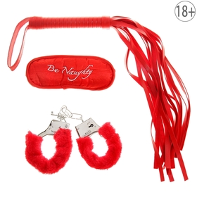 A set of lovers 3 items: a whip, handcuffs, headband, color red