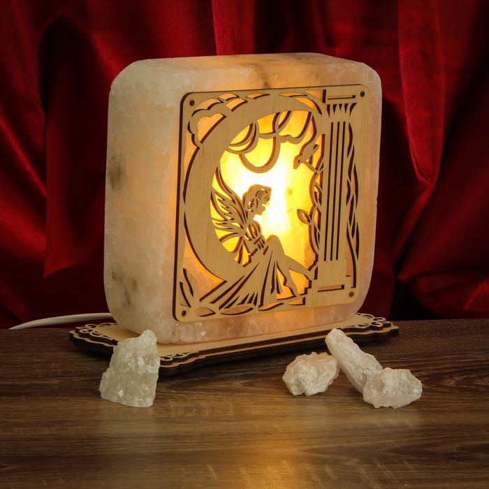 Соляной светильник "Квадрат" с узором фея, деревянный декор, цель...