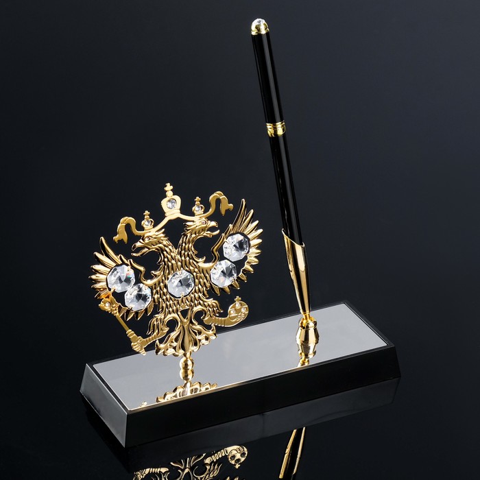 Ручка на подставке «Герб России», 16×6×20 см, с кристаллами - фото 899236