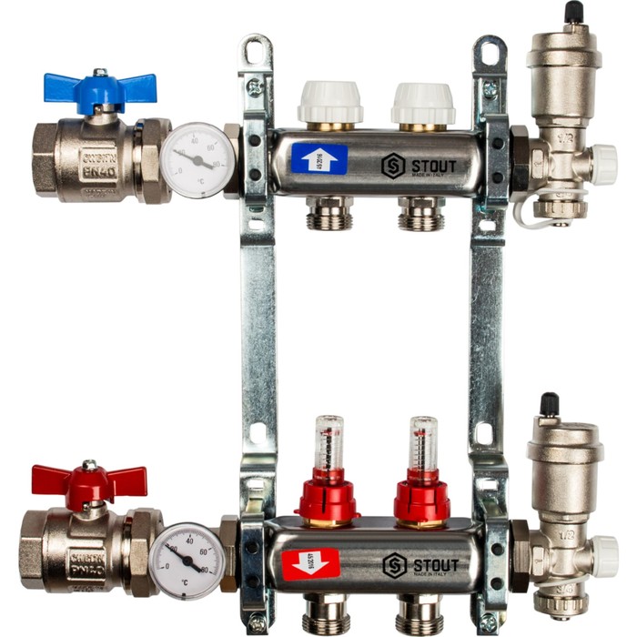 Коллектор STOUT, нержавеющая сталь в с расходомерами 2 выходов