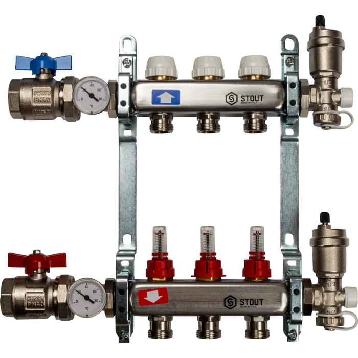 Коллектор STOUT, нержавеющая сталь в с расходомерами 3 выходов