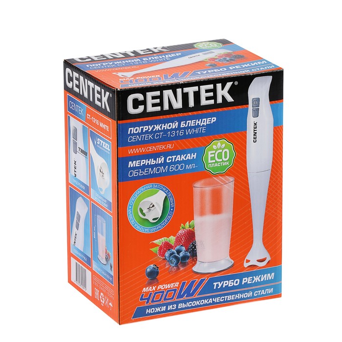 Блендер Centek CT-1316, погружной, 400 Вт, 2 скорости, турбо режим, белый 2498954 - фото 37137